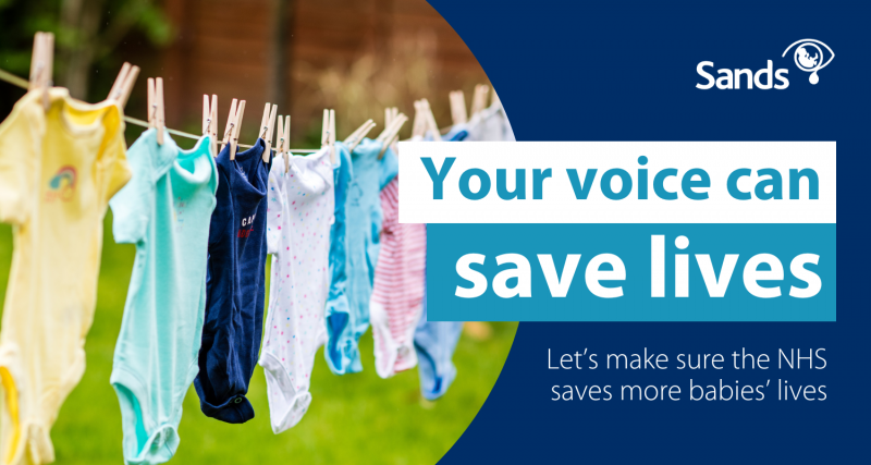 Clothes for babies hanging on a washing line, accompanied by the text "You voice can save lives. Let's make sure the NHS saves more babies' lives."