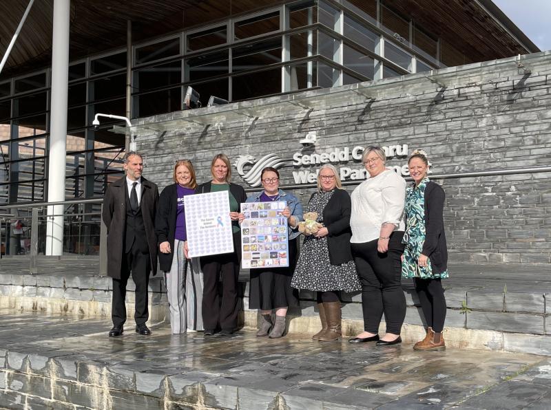 A group of people gathered in a line outside of large building made of concrete and glass. They are holding placards, and the building says "Senedd Cymru Welsh Parliament" on it.