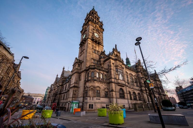 Sheffield townhall, an old victorian building with a clocktower.